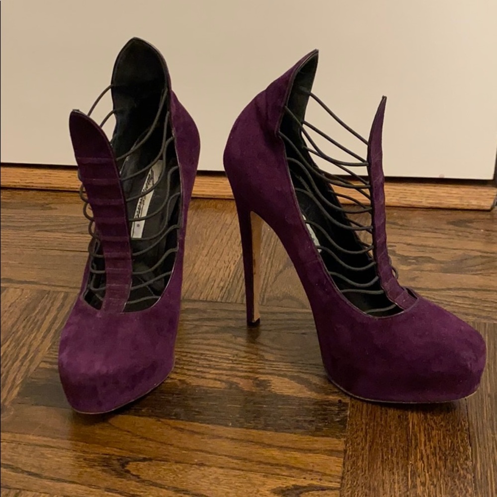 Brian Atwood purple suede strappy high heels